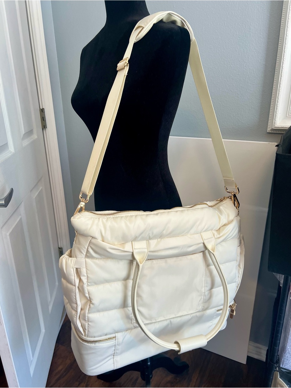 Cream Quilted Puffer Tote Bag with Adjustable Shoulder Strap